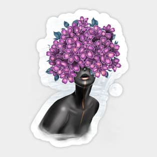 Black and white girl with color beautiful flowers in her head. Sticker